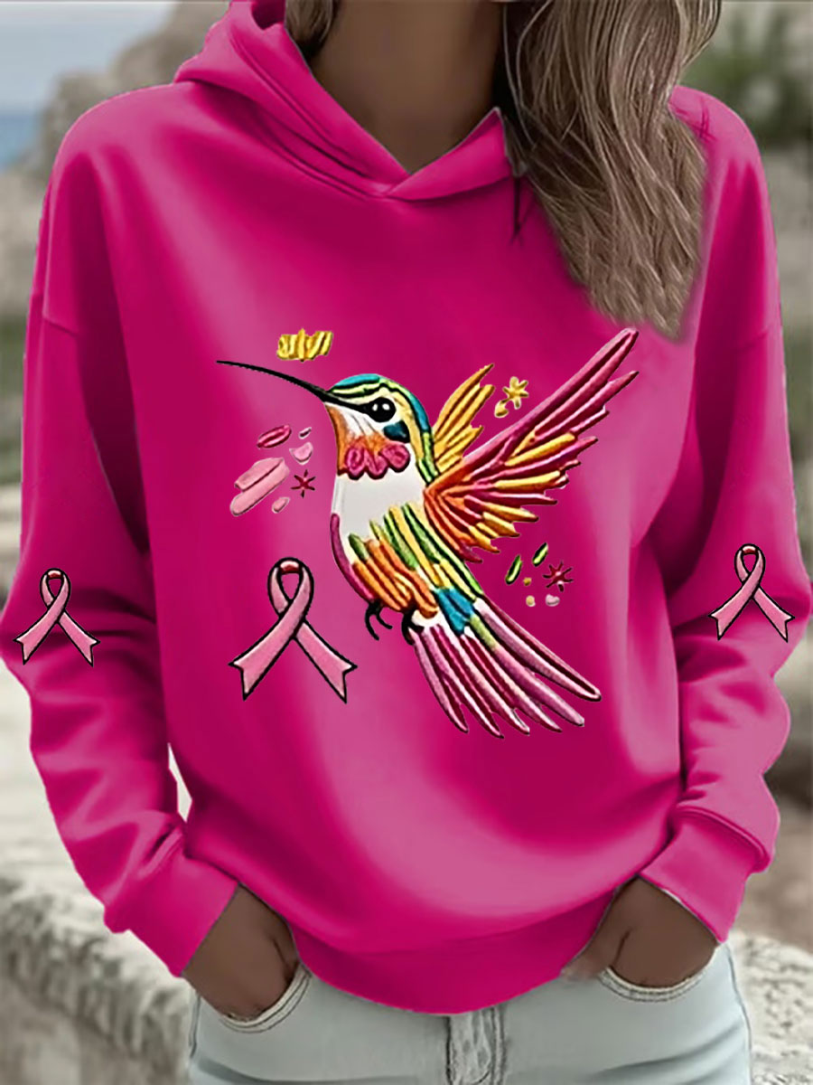 Sweat à Capuche Femme Rose Imprimé Colibri