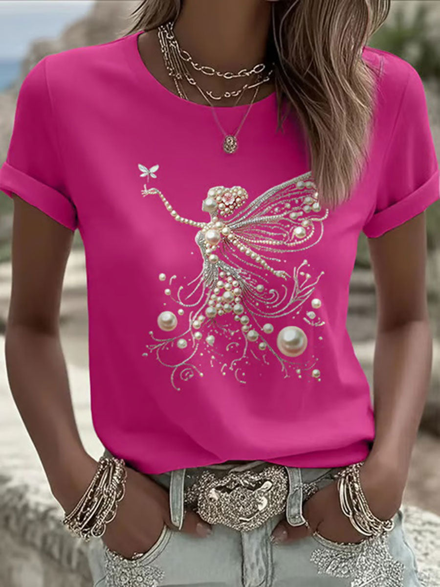 T-shirt Décontracté Femme Rose Imprimé Perle