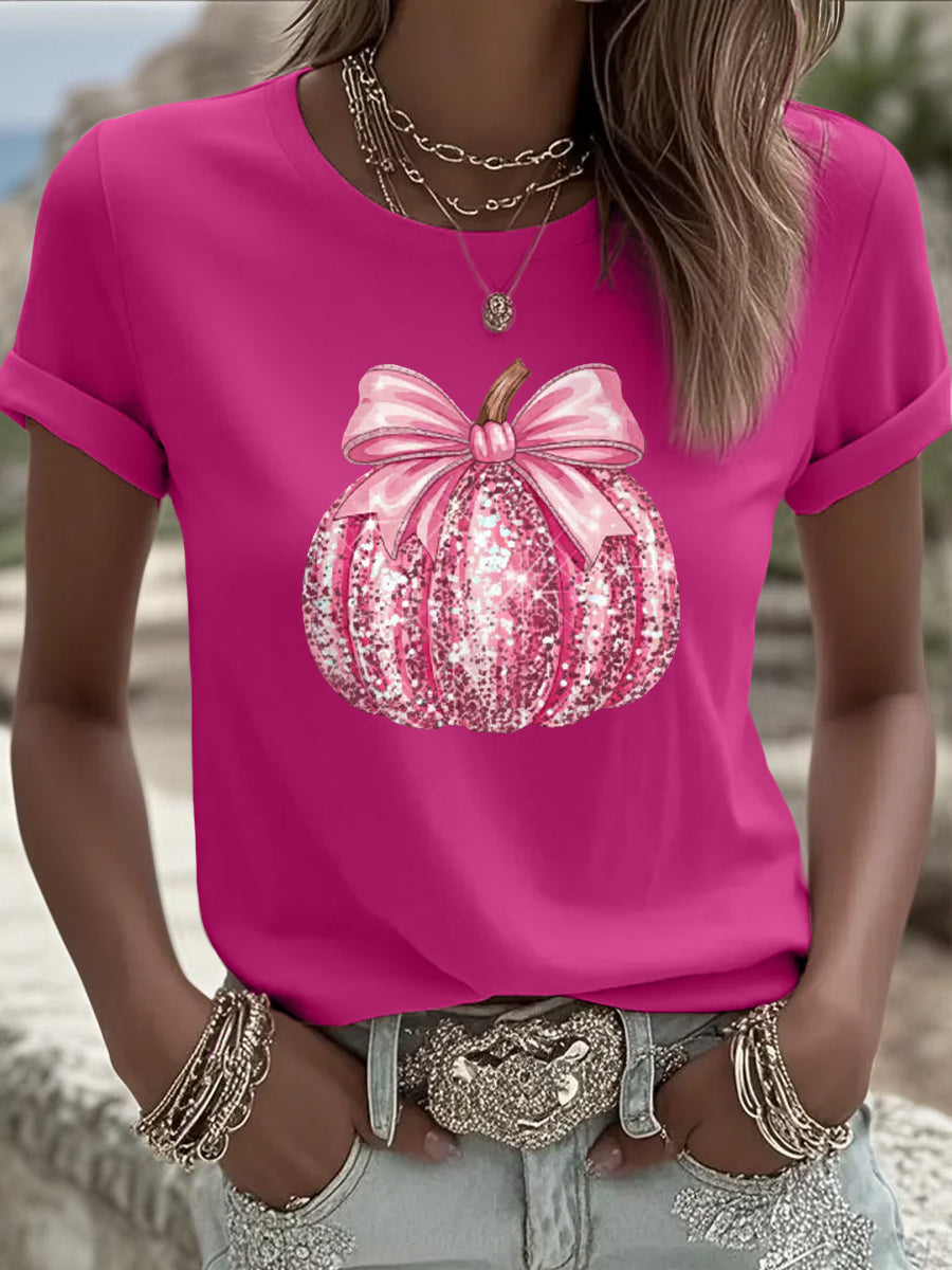 T-shirt rose de soutien de sensibilisation au cancer du sein à imprimé citrouille pour femmes