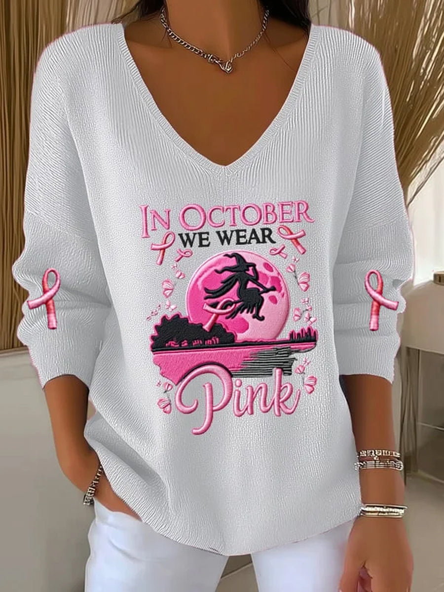Sensibilisation au cancer du sein pour femmes Nous portons un haut rose à manches longues à rayures Witch Pit