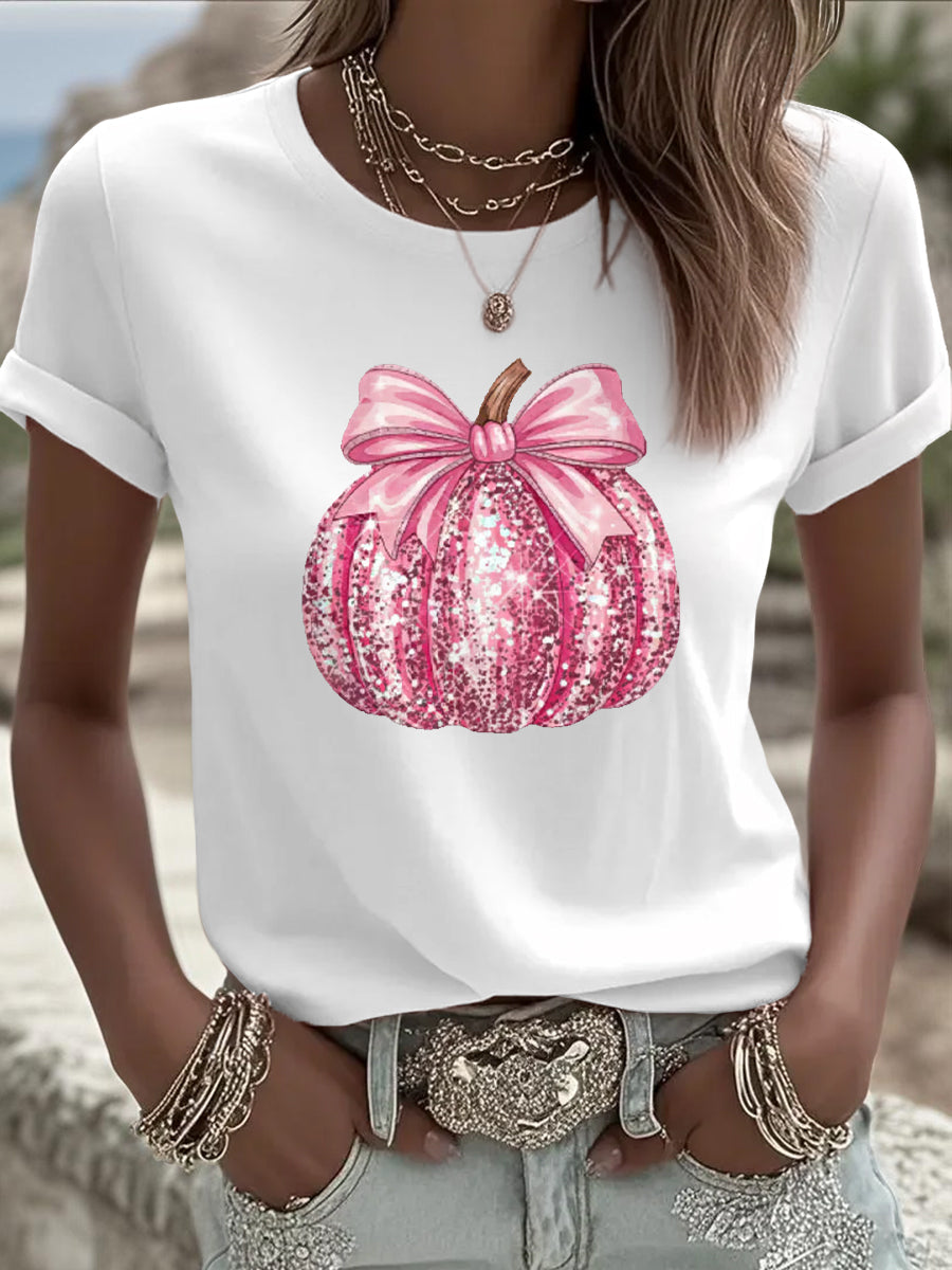 T-shirt rose de soutien de sensibilisation au cancer du sein à imprimé citrouille pour femmes