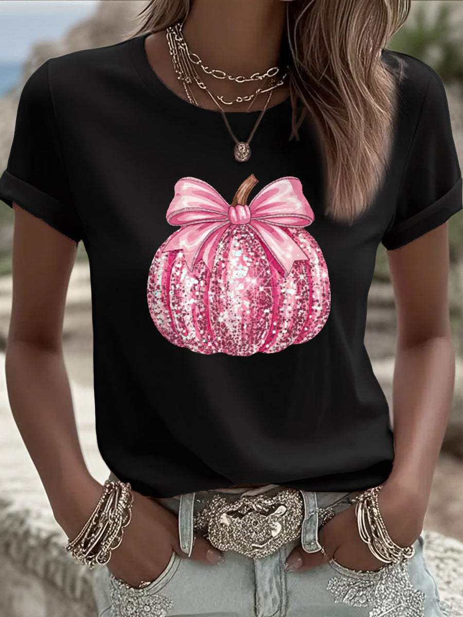 T-shirt rose de soutien de sensibilisation au cancer du sein à imprimé citrouille pour femmes