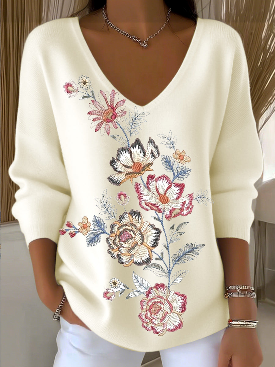 Pull Femme Broderie Pivoine Col V