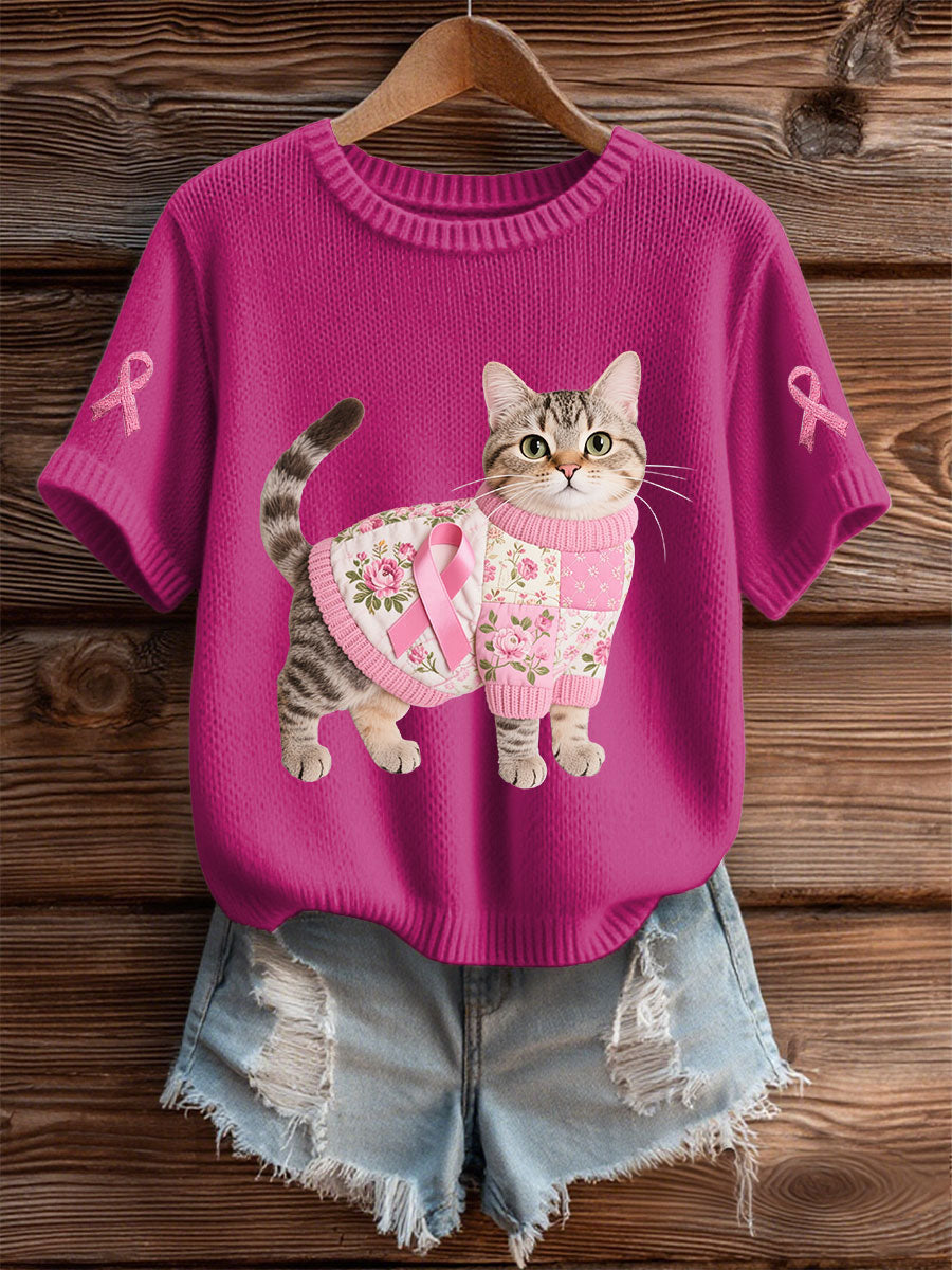 T-shirt Décontracté Femme Chat Rose Ruban Imprimé