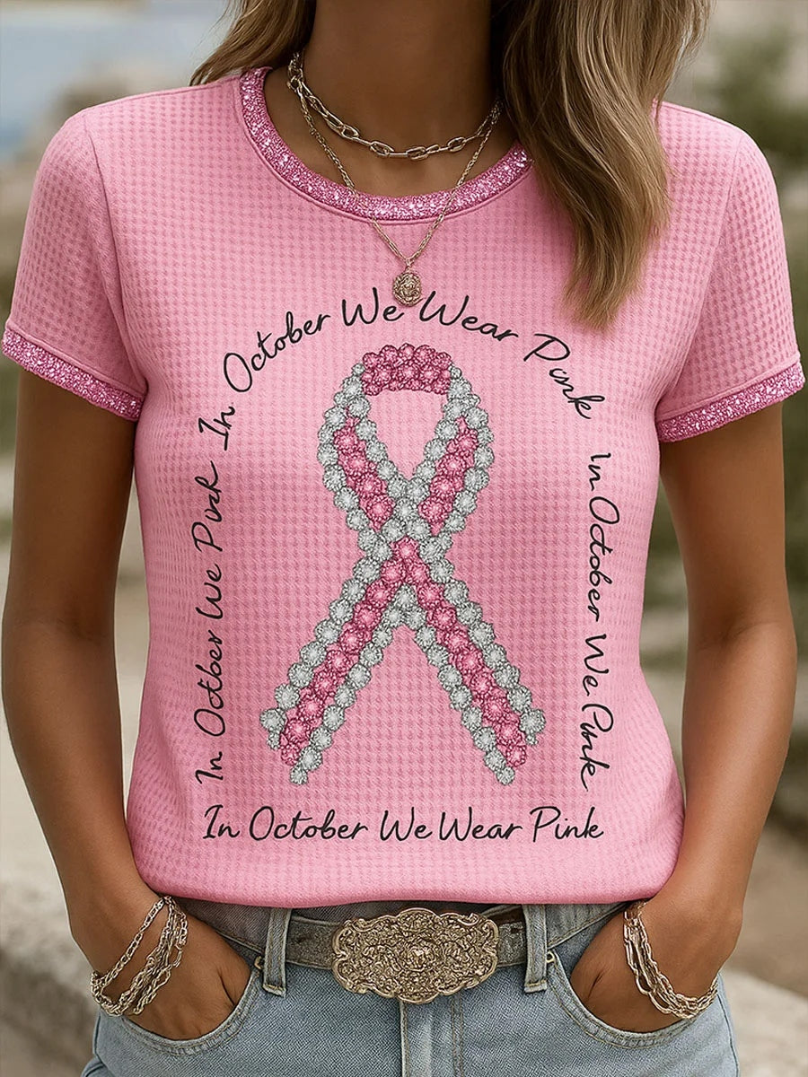 T-shirt décontracté confortable imprimé rétro rose pour femmes