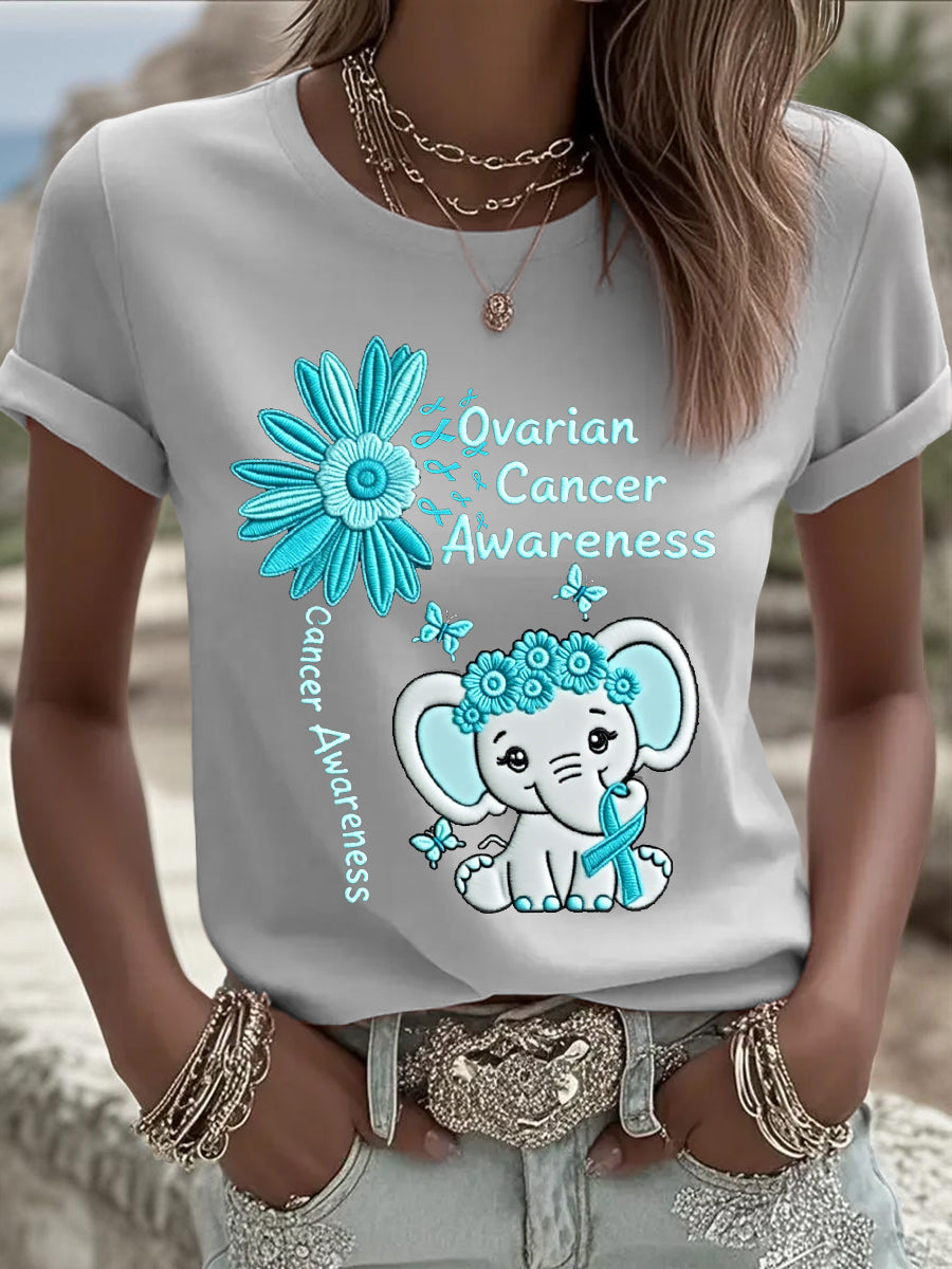 Tournesol Teal ruban éléphant impression de sensibilisation au cancer de l'ovaire des femmes Tee