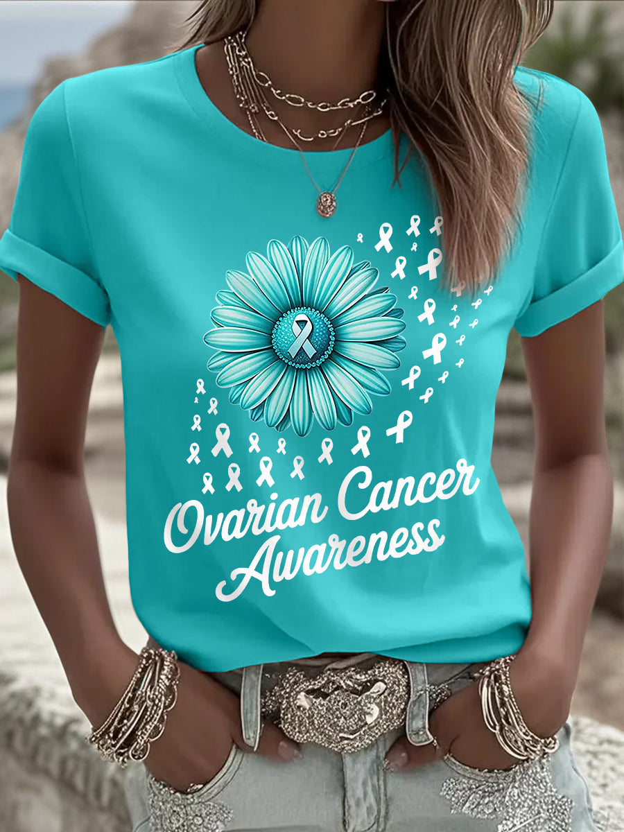 Teal ruban tournesol impression cancer de l'ovaire de sensibilisation des femmes Tee