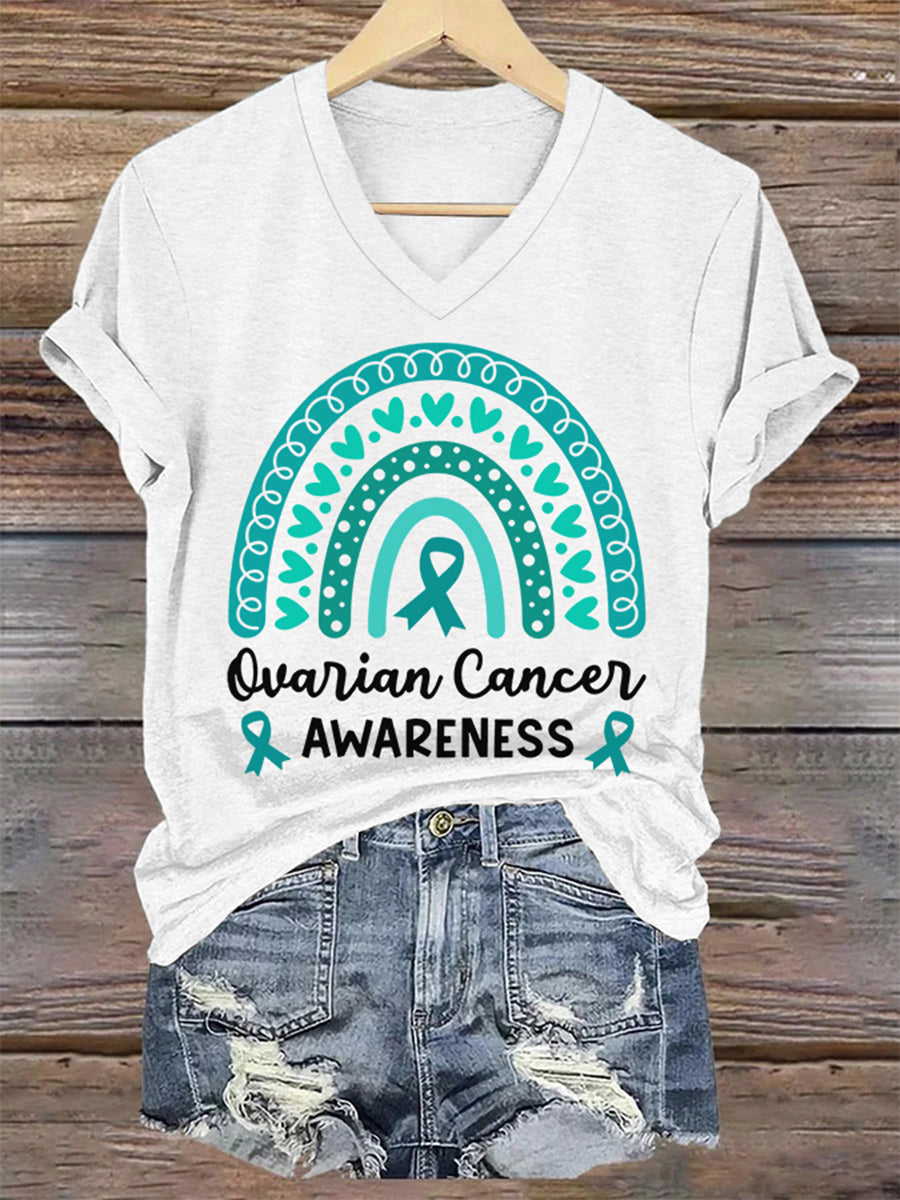 Teal ruban arc-en-ciel des femmes de sensibilisation au cancer de l'ovaire col V Tee