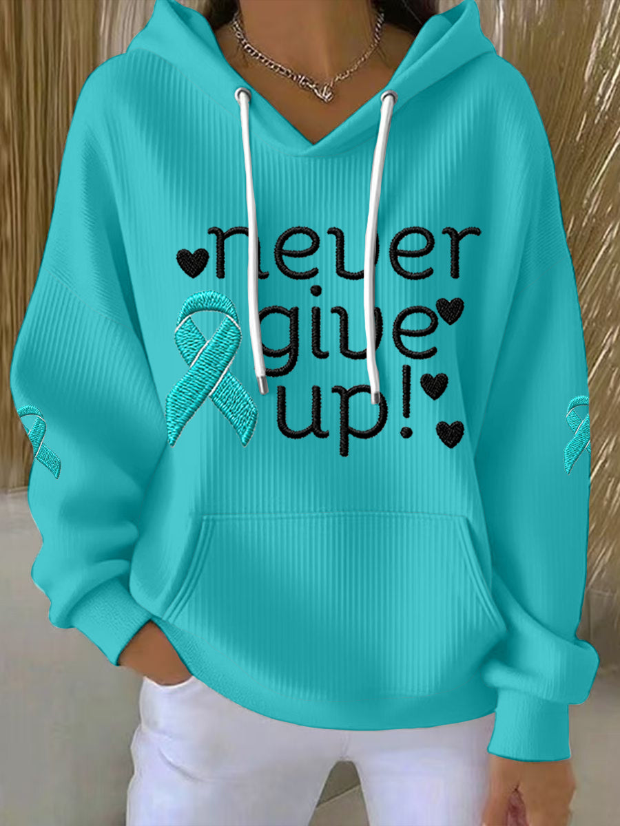 Femmes Never Give Up Teal Ribbon Ovarian Cancer Awareness Hoodie