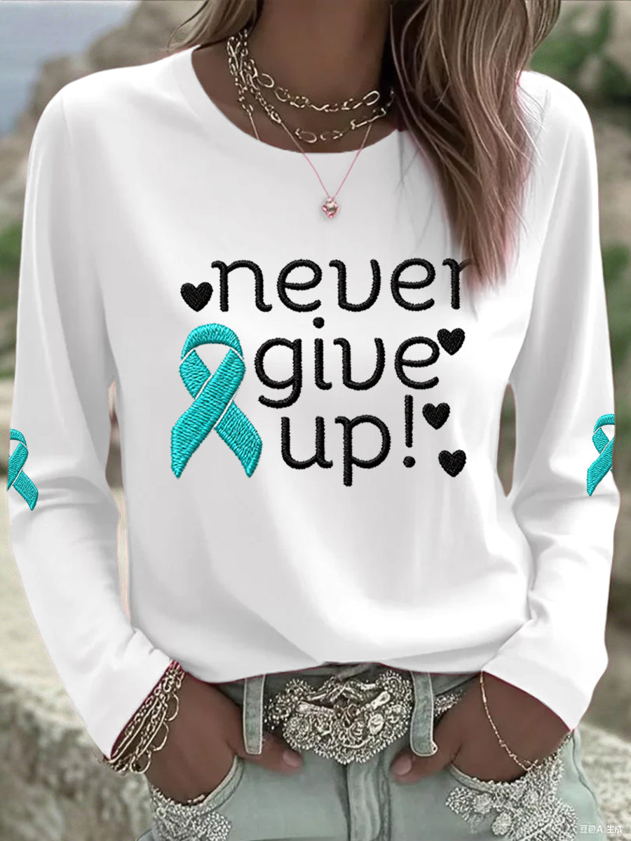 T-shirt à manches longues pour femmes Never Give Up Teal Ribbon Ovarian Cancer Awareness