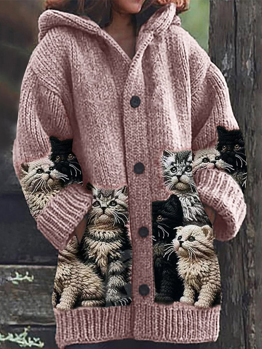 Rétro Mignon Pet Imprimer Bouton Épais À Manches Longues À Capuche Cardigan Pull