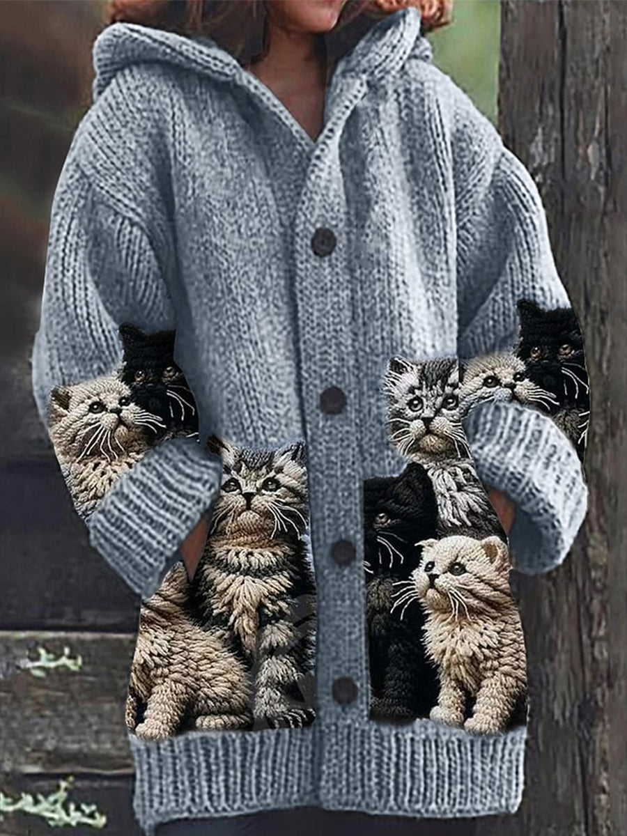 Rétro Mignon Pet Imprimer Bouton Épais À Manches Longues À Capuche Cardigan Pull