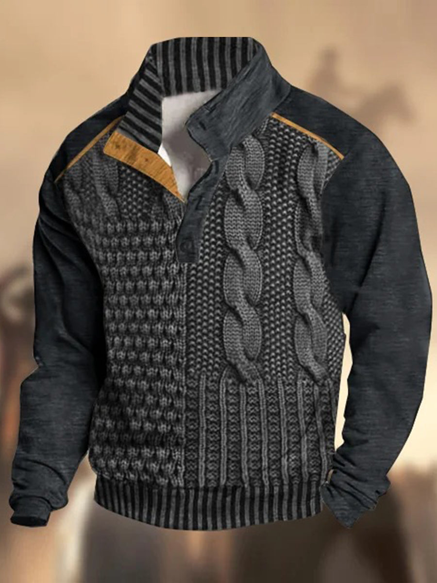 Motif de texture rétro imprimé western vintage henry bouton v-cou en plein air épais sweat