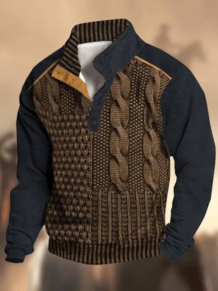 Motif de texture rétro imprimé western vintage henry bouton v-cou en plein air épais sweat