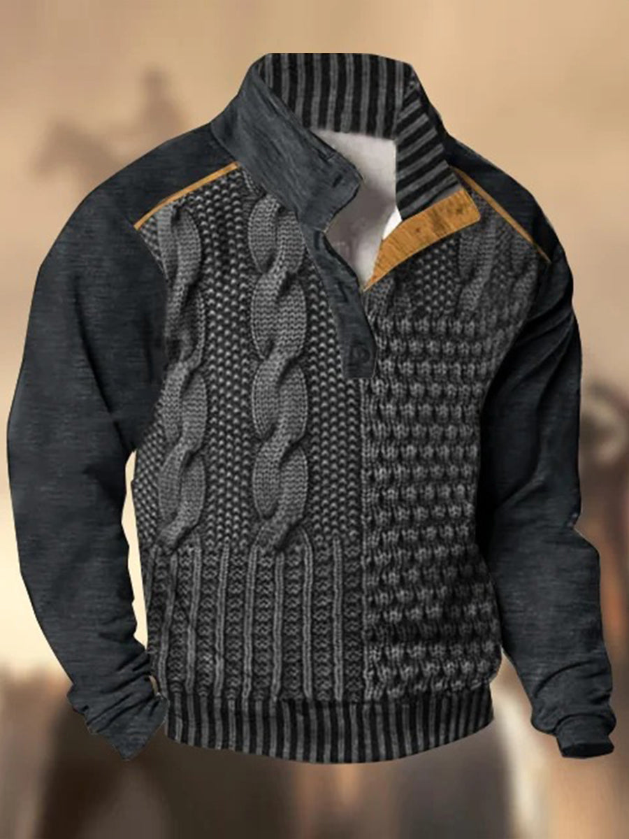 Motif de texture rétro imprimé western vintage henry bouton v-cou en plein air épais sweat