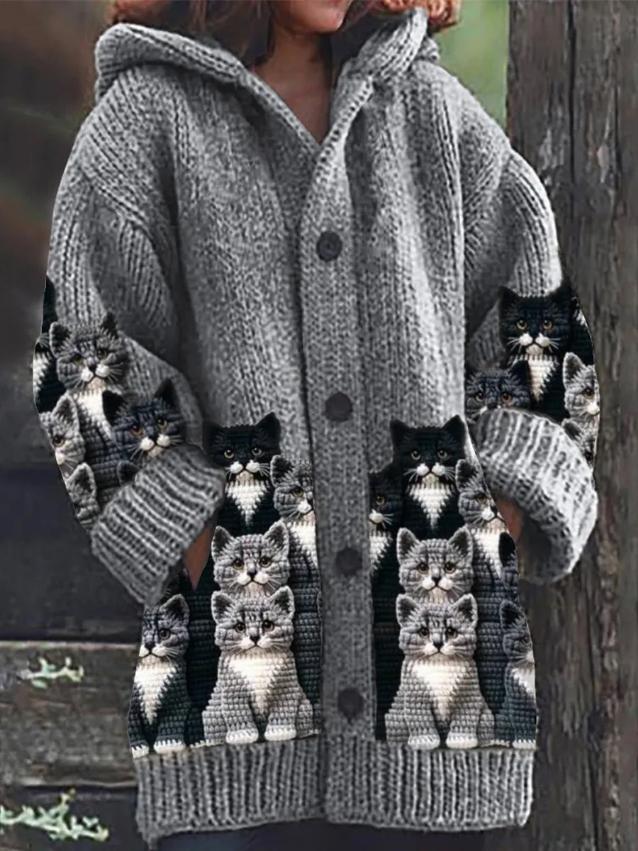Rétro Mignon Pet Imprimer Bouton Épais À Manches Longues À Capuche Cardigan Pull