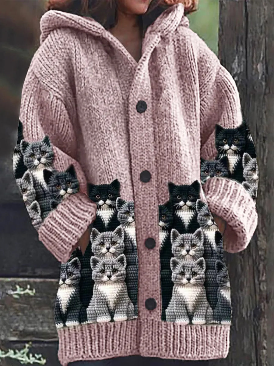 Rétro Mignon Pet Imprimer Bouton Épais À Manches Longues À Capuche Cardigan Pull