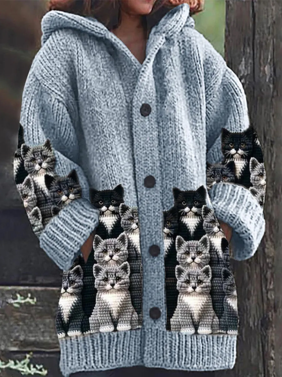 Rétro Mignon Pet Imprimer Bouton Épais À Manches Longues À Capuche Cardigan Pull