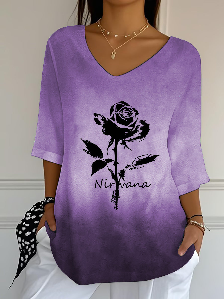 Top décontracté à col en V Vintage Floral Art pour femmes