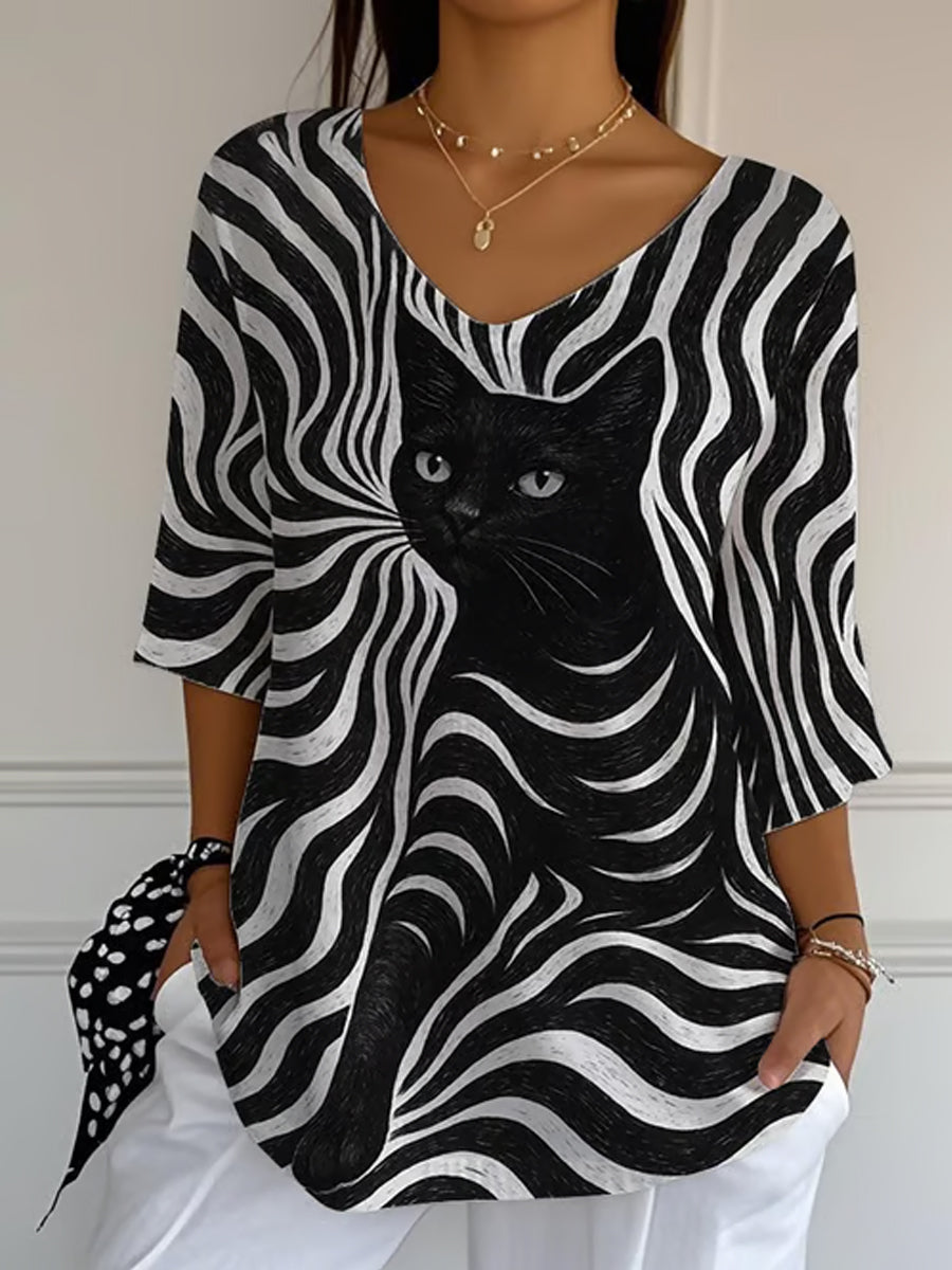 Top à manches longues décontracté pour femmes Black Cat Stripes