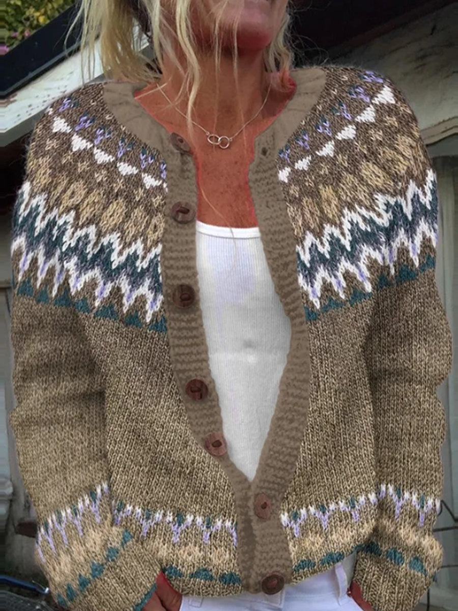 Pull Islandais Hiver Femme Col Rond Bouton Lâche Chunky Tricot Cardigan Pull