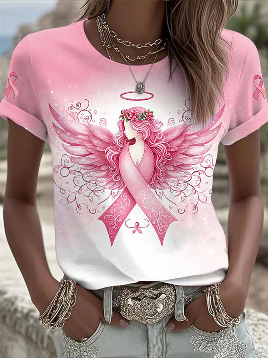 T-shirt col rond imprimé sensibilisation au cancer du sein pour femmes