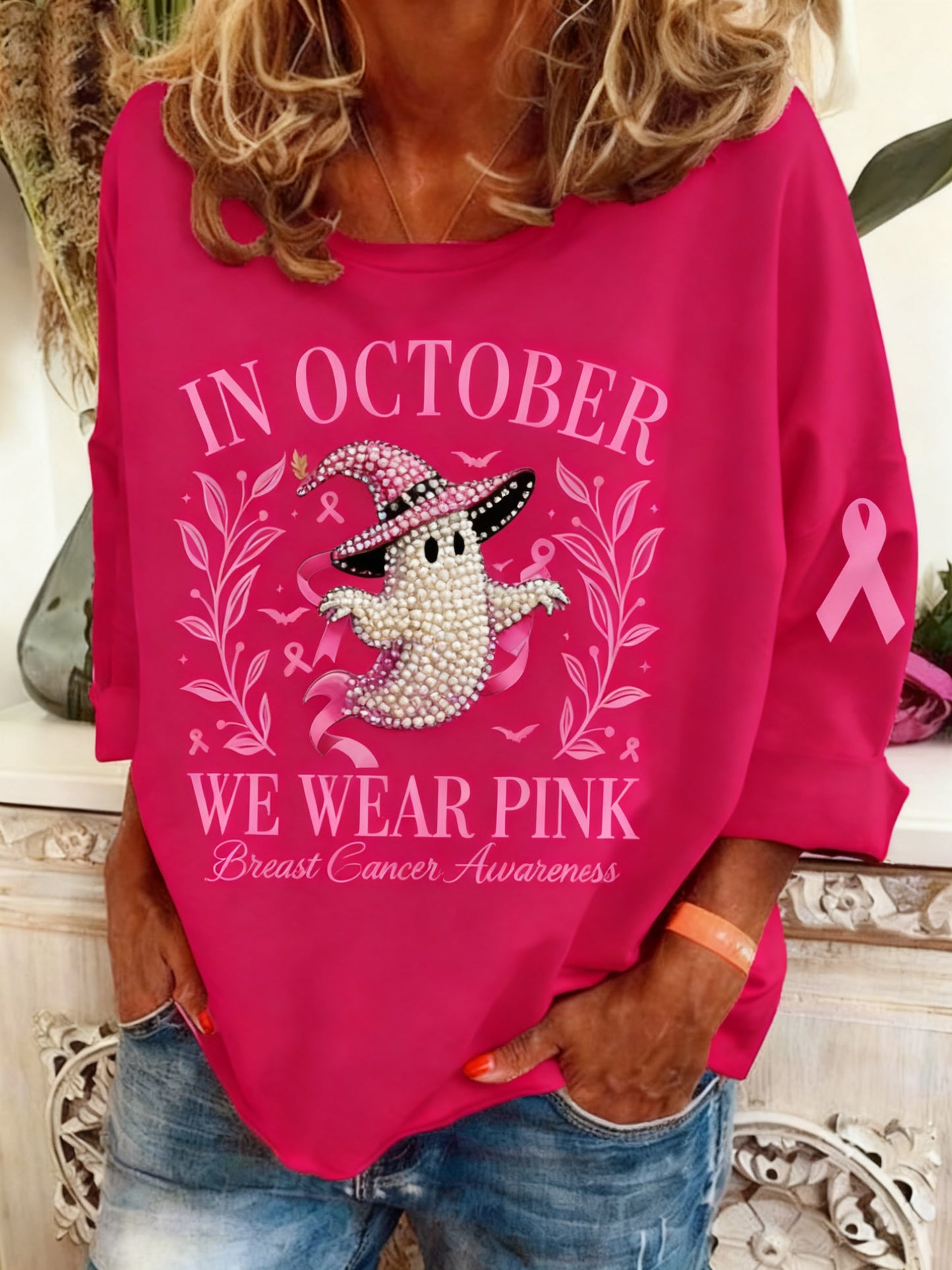Le cancer du sein rétro diamant-clouté Halloween Ghost Print Sweatshirt à manches longues