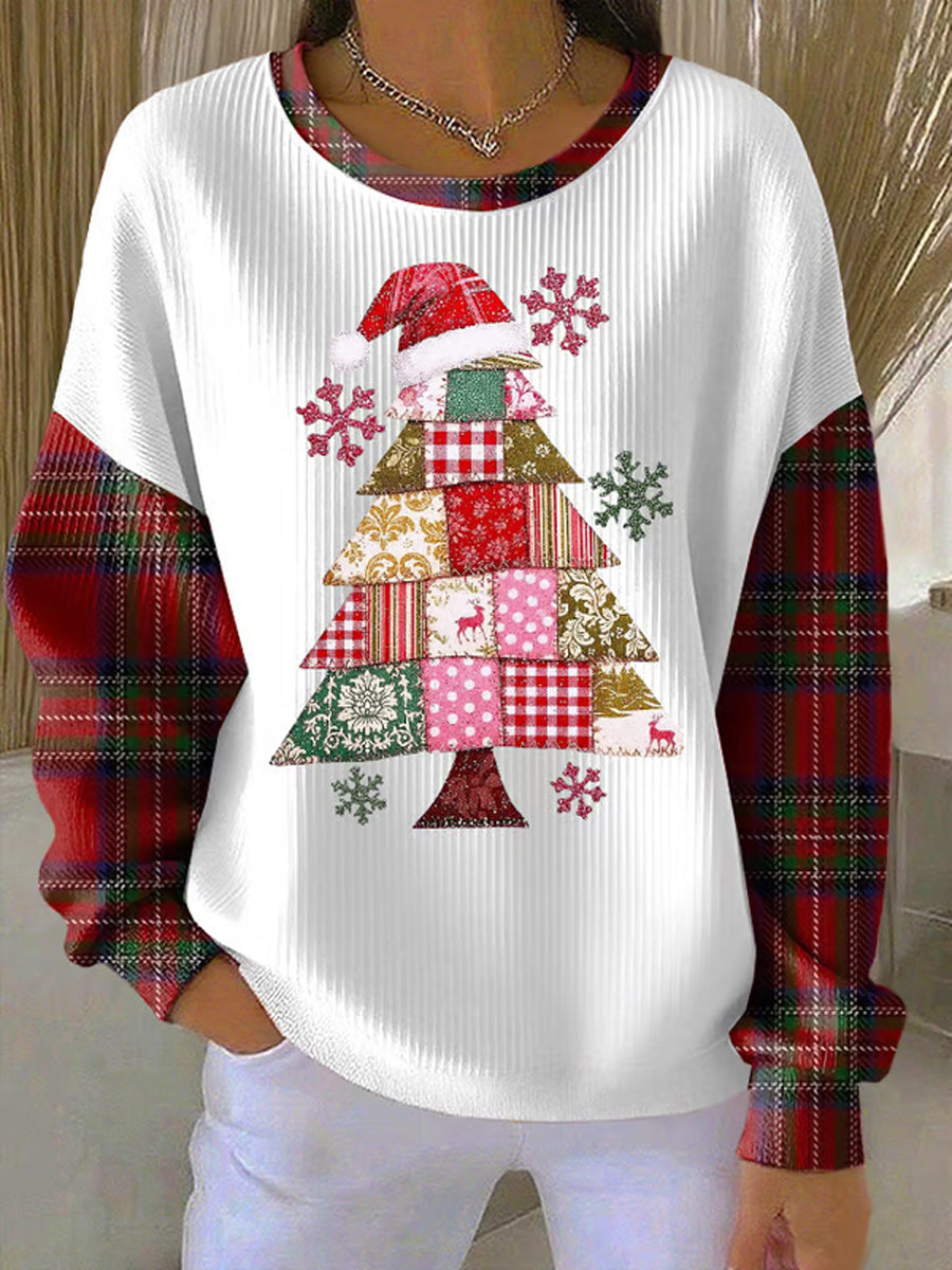 Sweat-shirt Femme Imprimé Arbre de Noël Côtelé à Col Rond