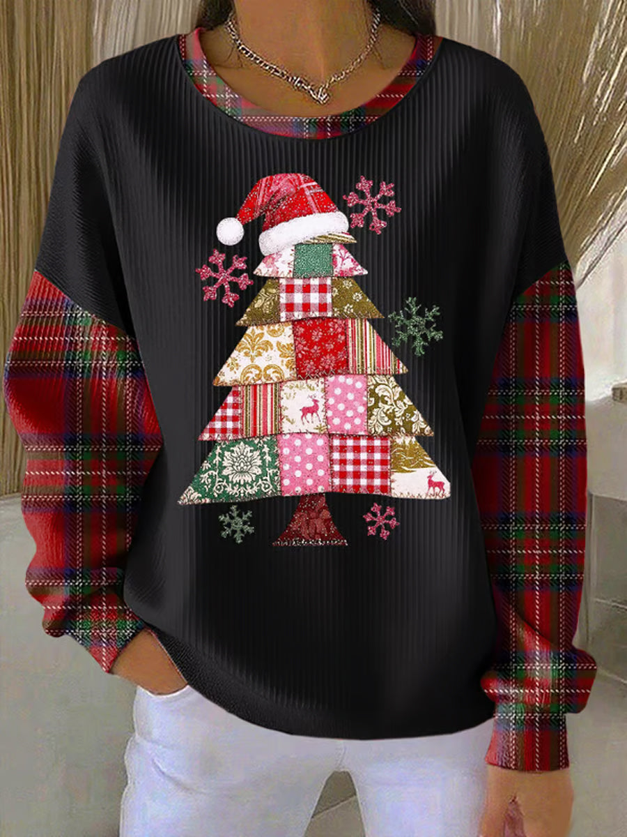 Sweat-shirt Femme Imprimé Arbre de Noël Côtelé à Col Rond