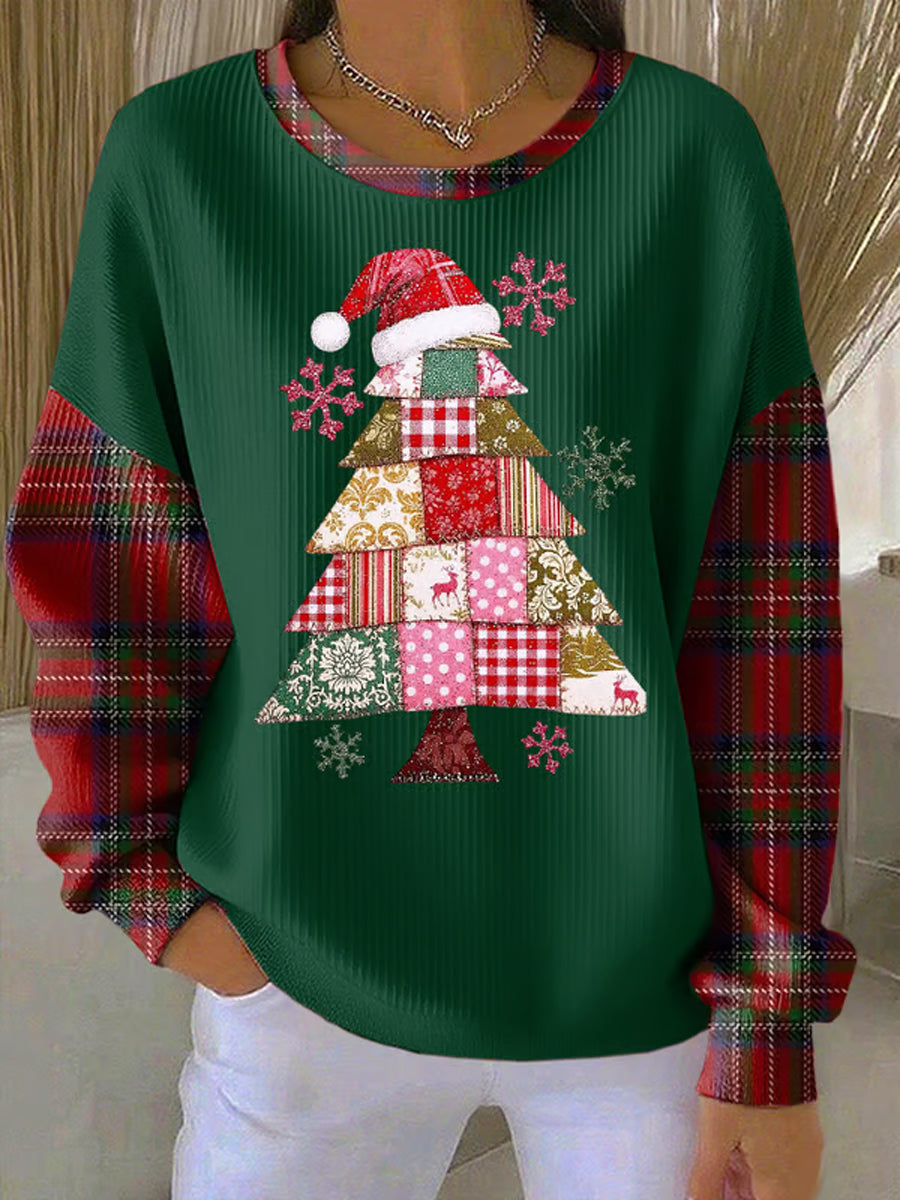 Sweat-shirt Femme Imprimé Arbre de Noël Côtelé à Col Rond