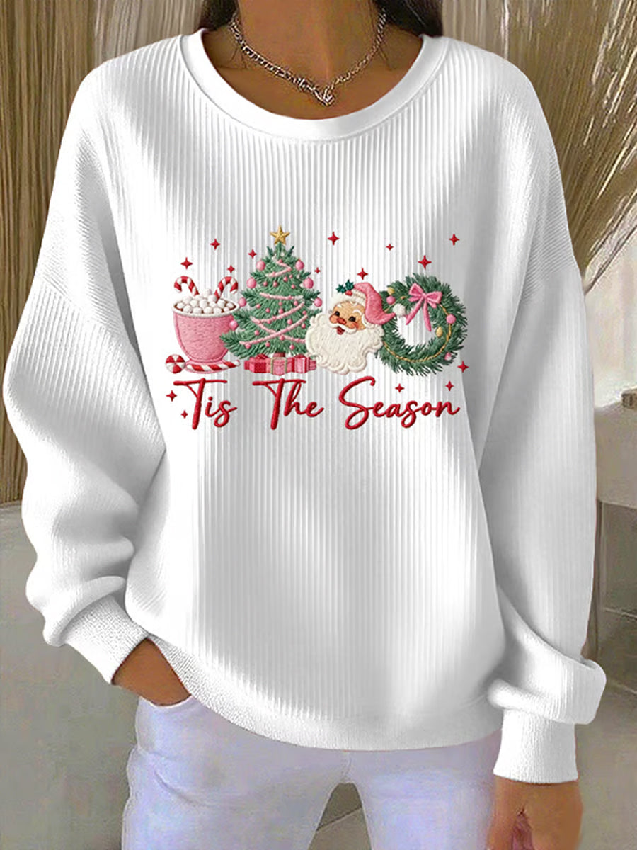 Sweat Femme Joyeux Noël Père Noël Arbre de Noël Imprimé Côtelé Col Rond