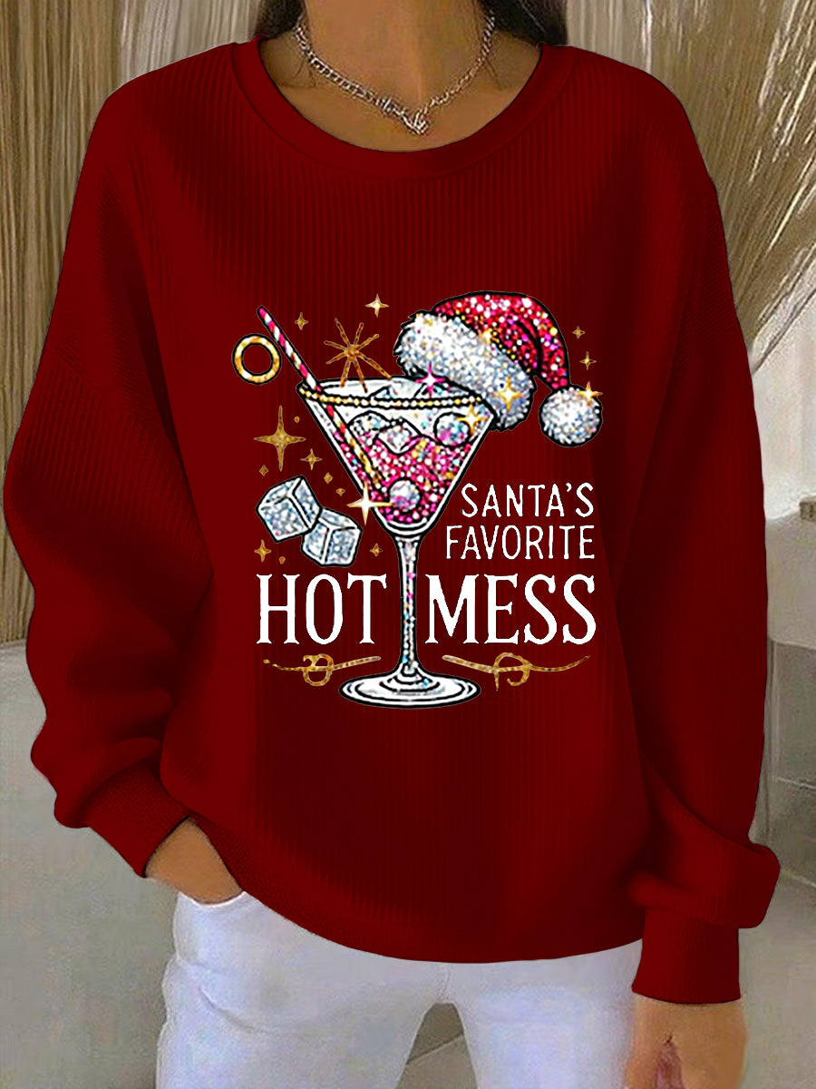Sweat-shirt décontracté côtelé imprimé Hot Mess préféré du Père Noël pour femmes