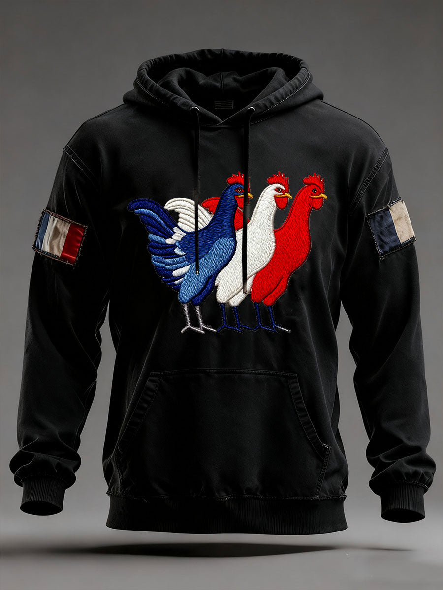Chandail à capuchon surdimensionné avec poches Drapeau Français Le Coq Gaulois Homme