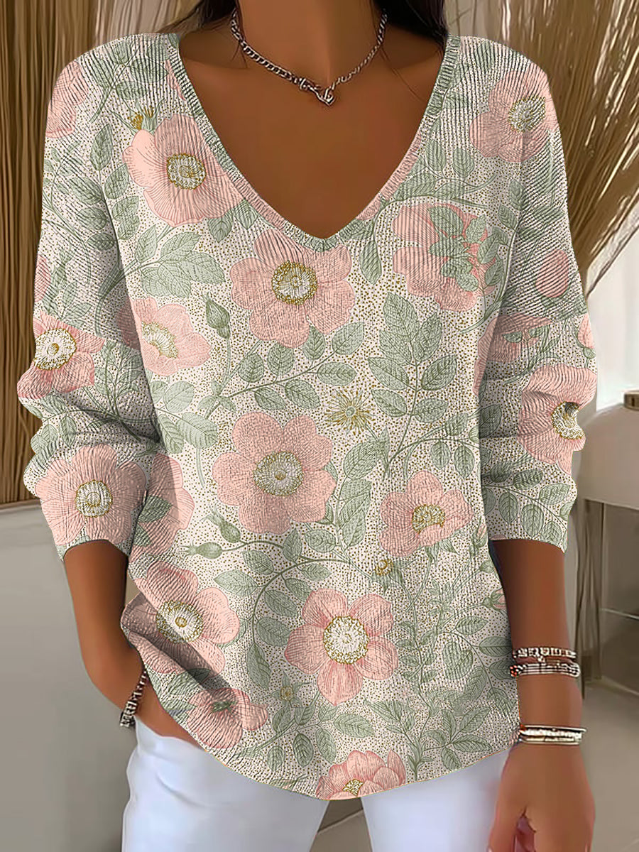 Top Côtelé Femme Rose Imprimé Floral Col V