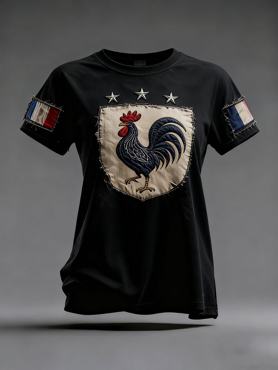 T-shirt à manches courtes Drapeau Français Le Coq Gaulois pour femme