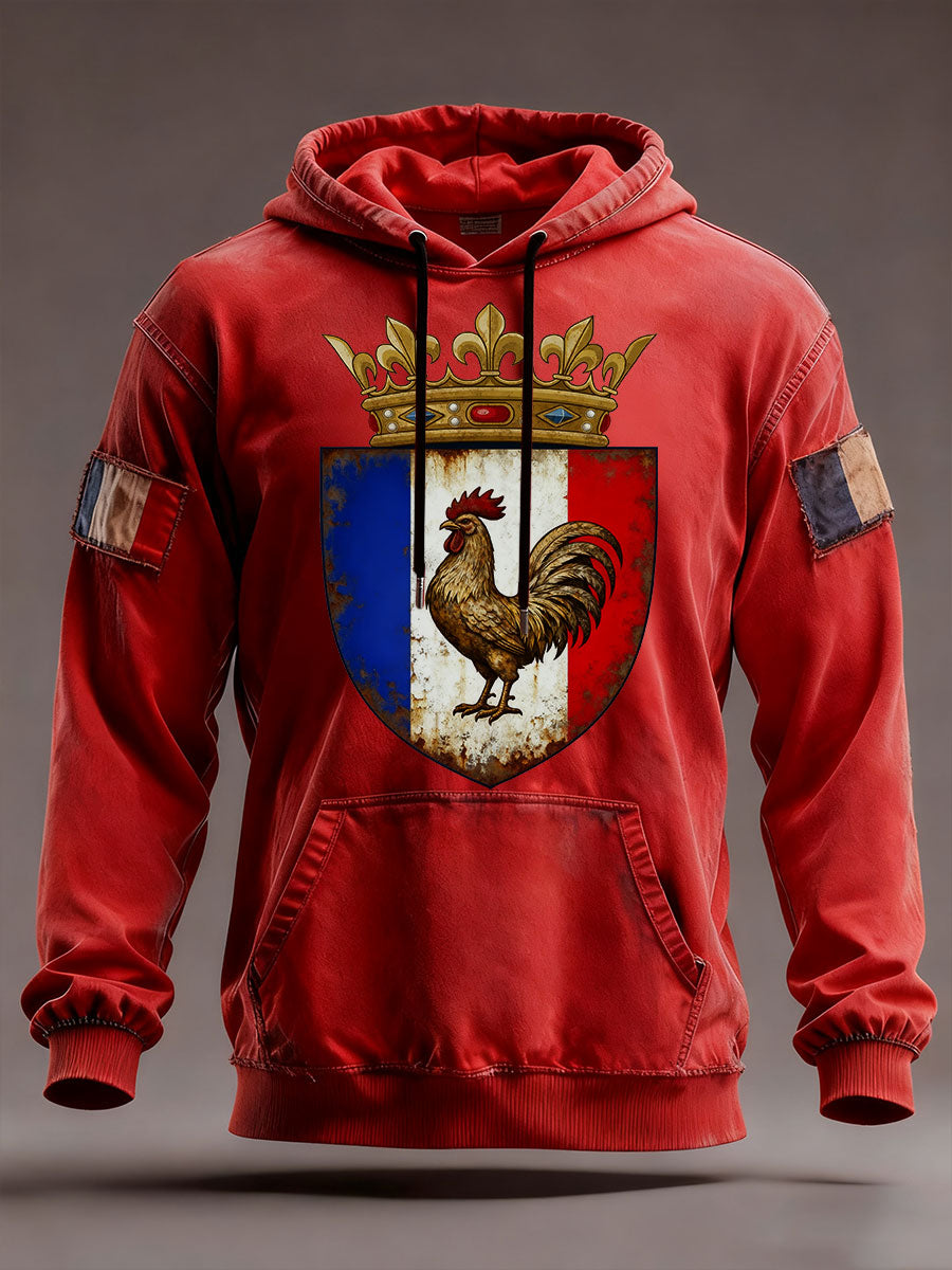 Chandail à capuchon surdimensionné avec poches Drapeau Français Le Coq Gaulois Homme