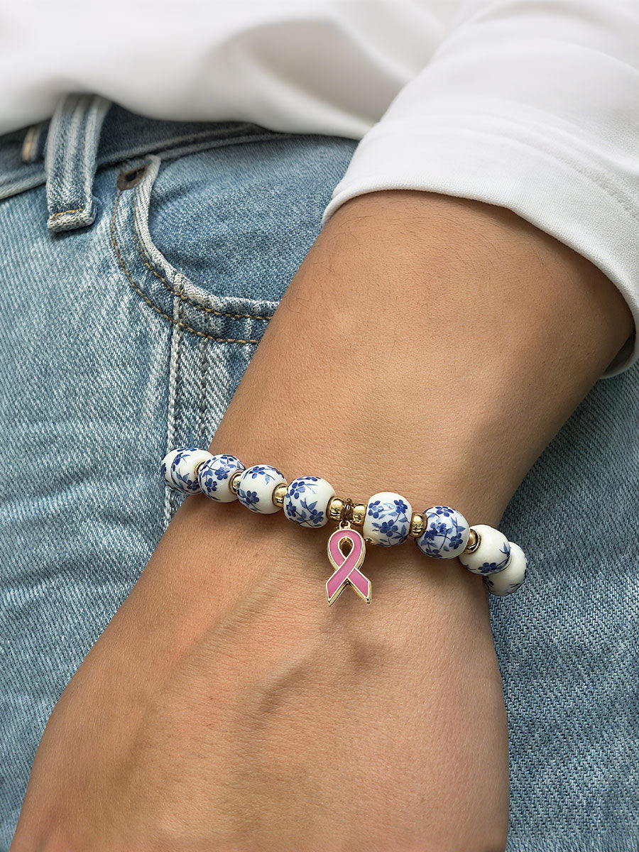 Bracelet Femme Cancer Du Sein En Porcelaine Bleue Et Blanche Ruban Rose