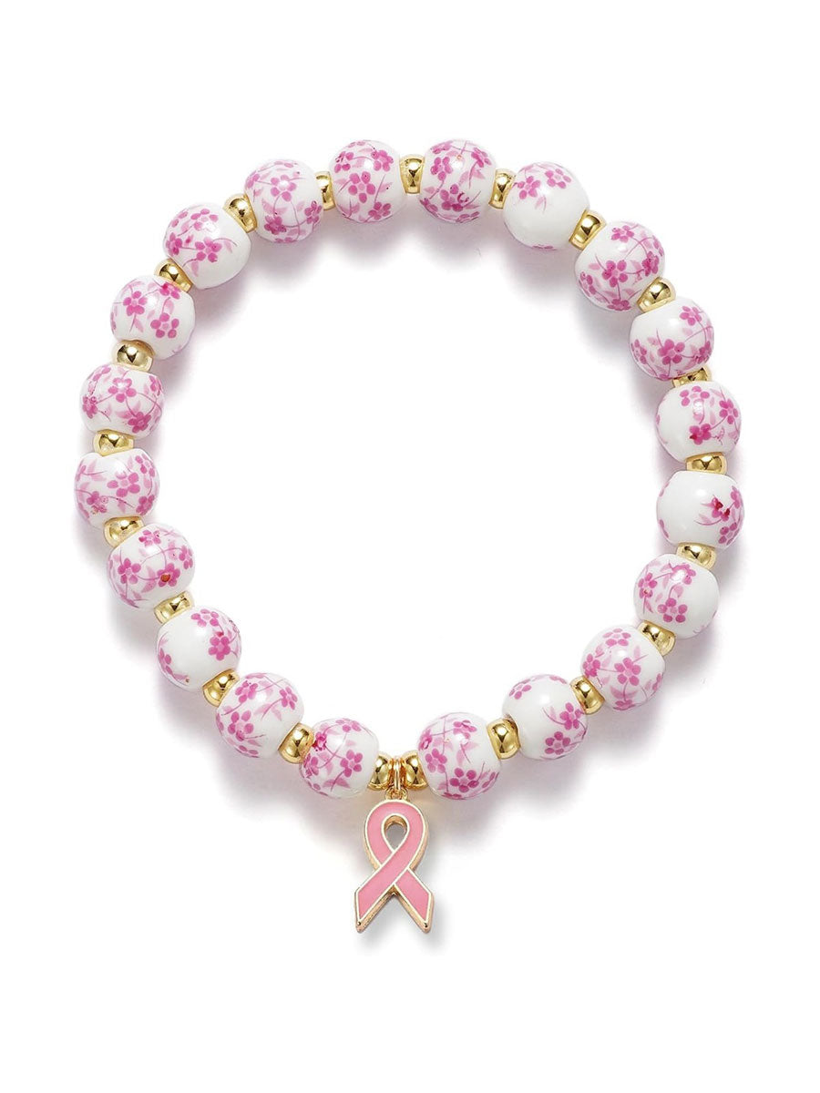 Bracelet Femme Cancer Du Sein En Porcelaine Bleue Et Blanche Ruban Rose