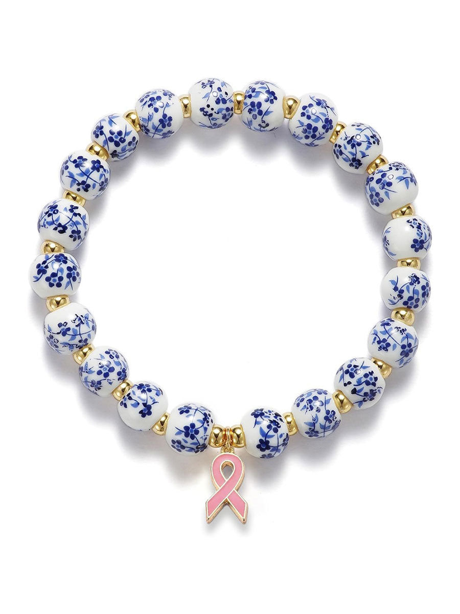 Bracelet Femme Cancer Du Sein En Porcelaine Bleue Et Blanche Ruban Rose