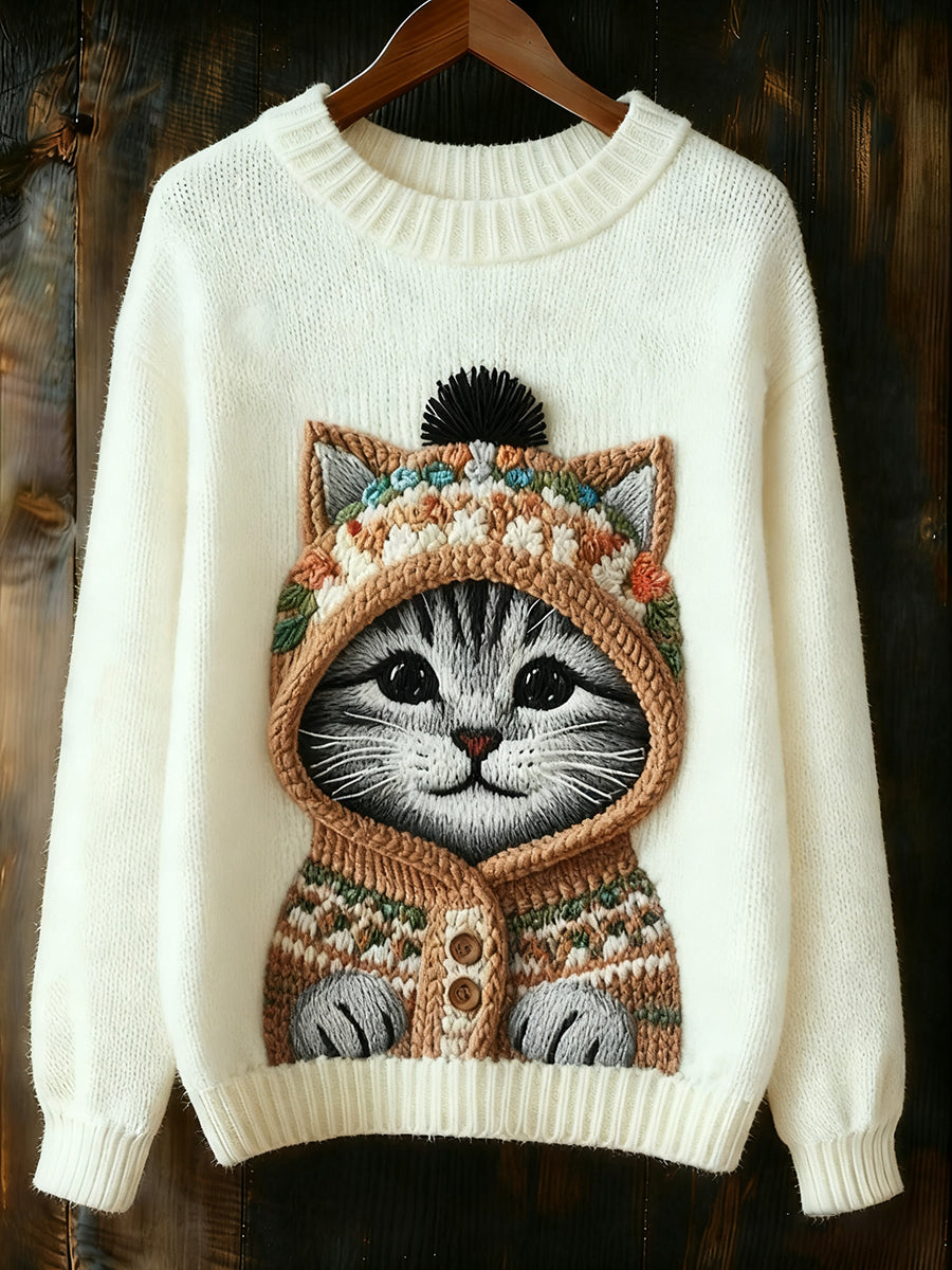 Sweat-shirt mignon d'art de chat d'hiver des femmes