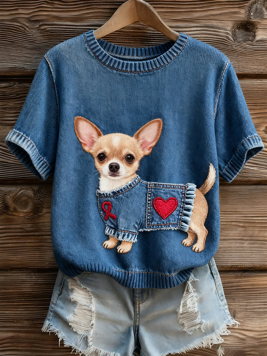 Top à manches courtes en tricot confortable imprimé animal artistique pour femmes