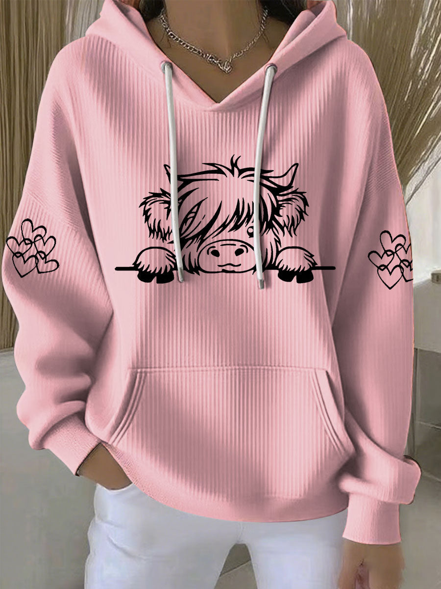 Sweat à capuche décontracté Highland Cow Print pour femmes