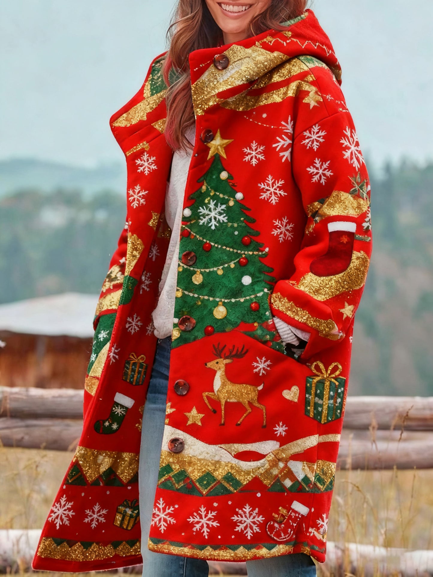 Manteau rétro imprimé Noël pour femmes