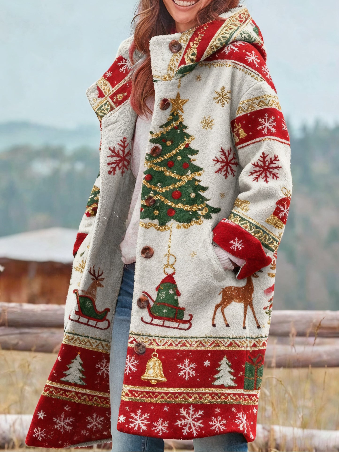 Manteau rétro imprimé de Noël pour femmes