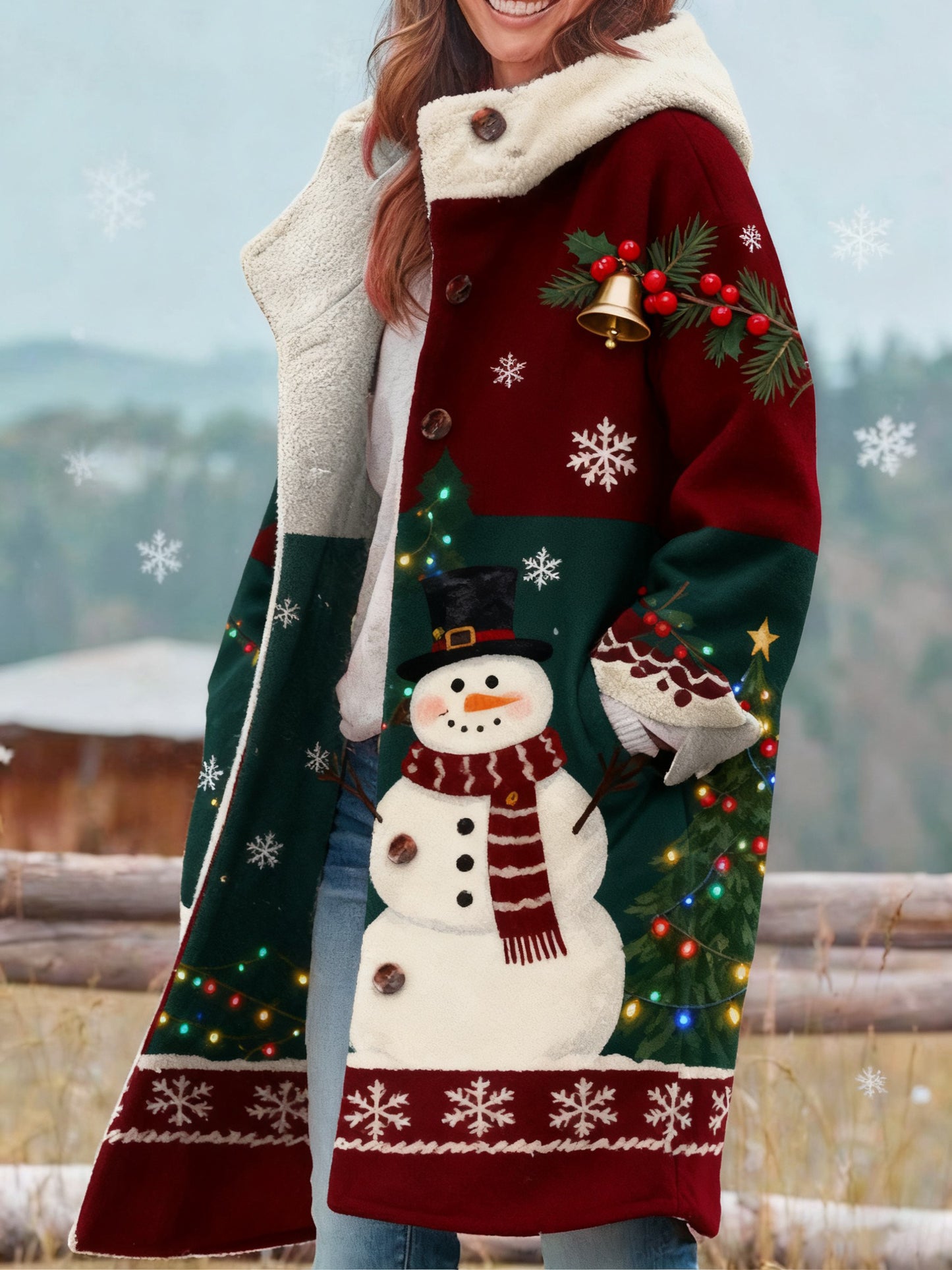 Manteau rétro imprimé de Noël pour femmes