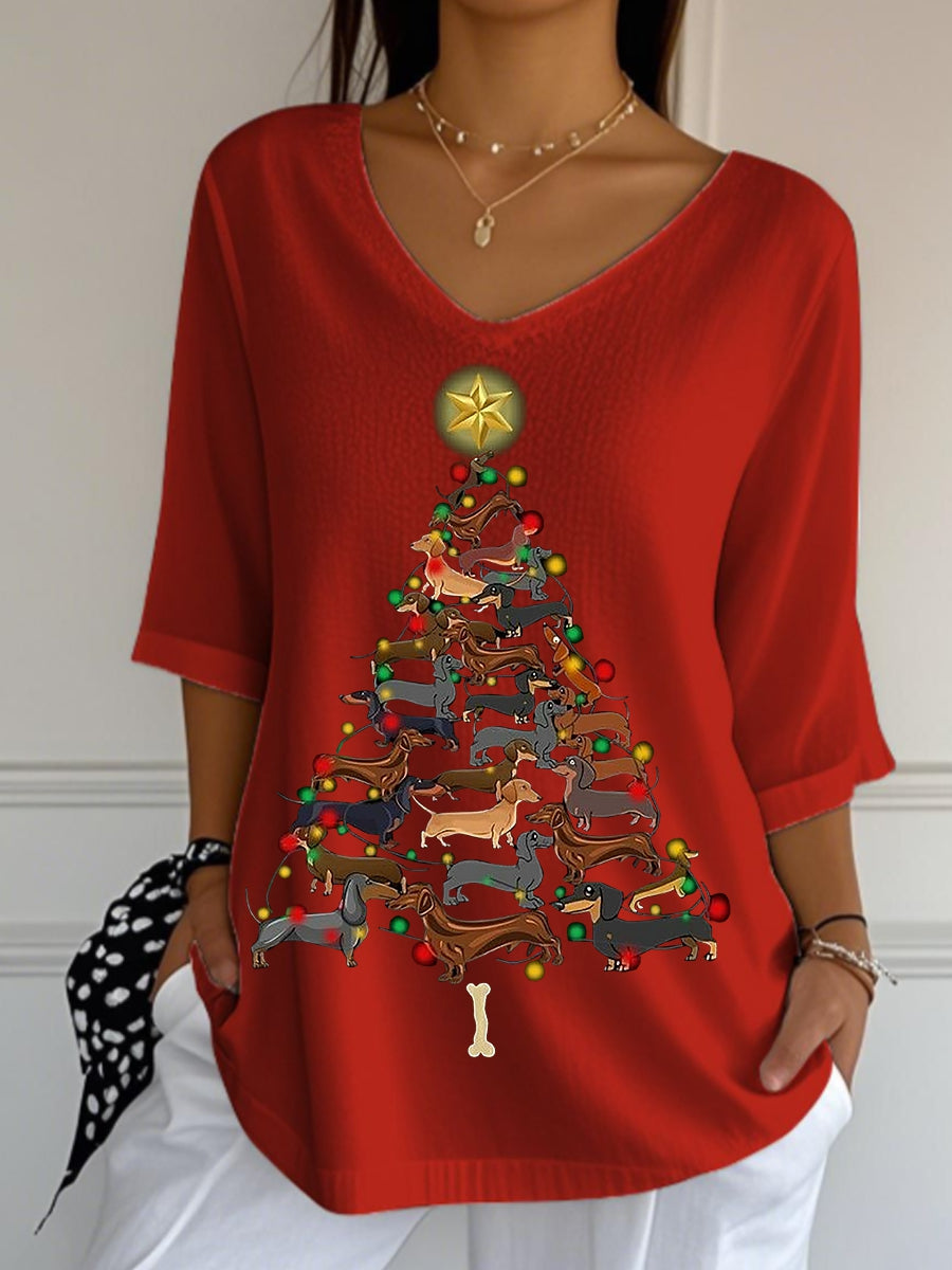 Teckel de Noël Arbre de Noël V-Neck Demi-manches T-shirt