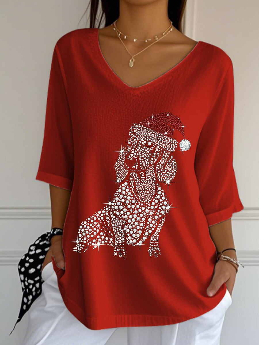 T-shirt à manches courtes à col en V avec teckel diamant de Noël pour femmes