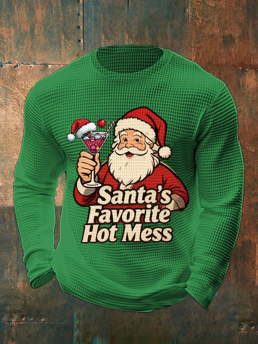 Drôle de Noël préféré des hommes de Santa Hot Mess Casual Waffle à manches longues Top