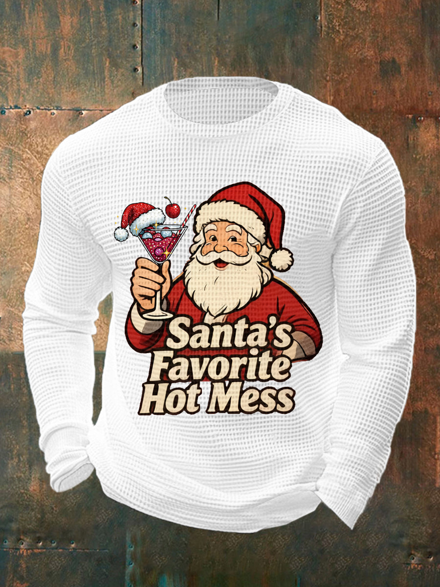 Drôle de Noël préféré des hommes de Santa Hot Mess Casual Waffle à manches longues Top