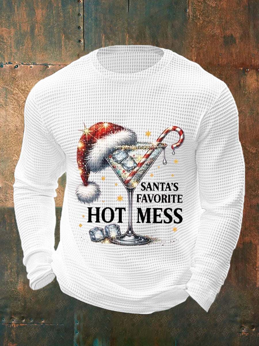 Drôle de Noël préféré des hommes de Santa Hot Mess Casual Waffle à manches longues Top